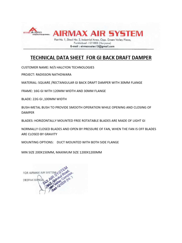 GI Back Draft Damper Technical Data Sheet | PDF