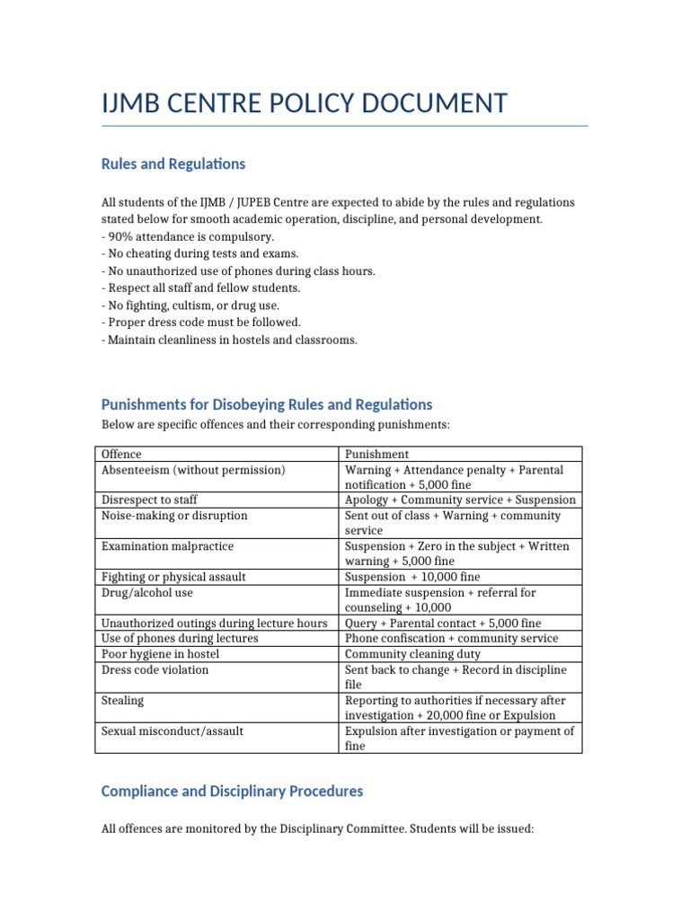 IJMB Centre Rules and Disciplinary Policy | PDF | Justice | Crime ...