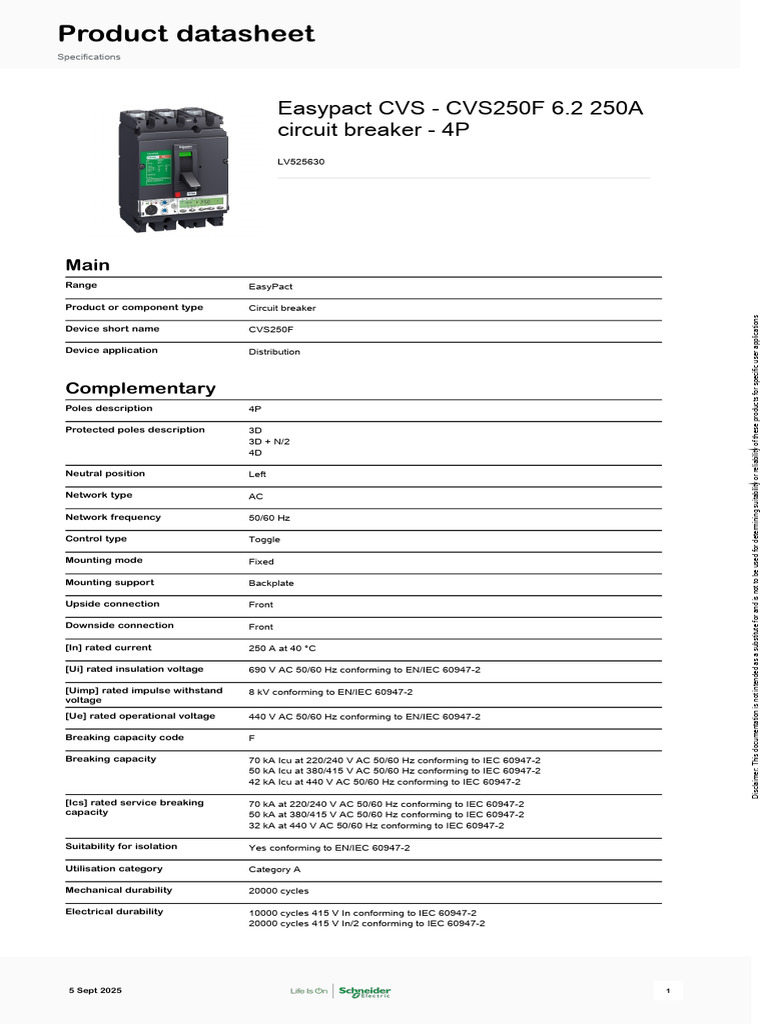 EasyPact CVS250F Circuit Breaker Specs | PDF | Alternating Current | Hertz