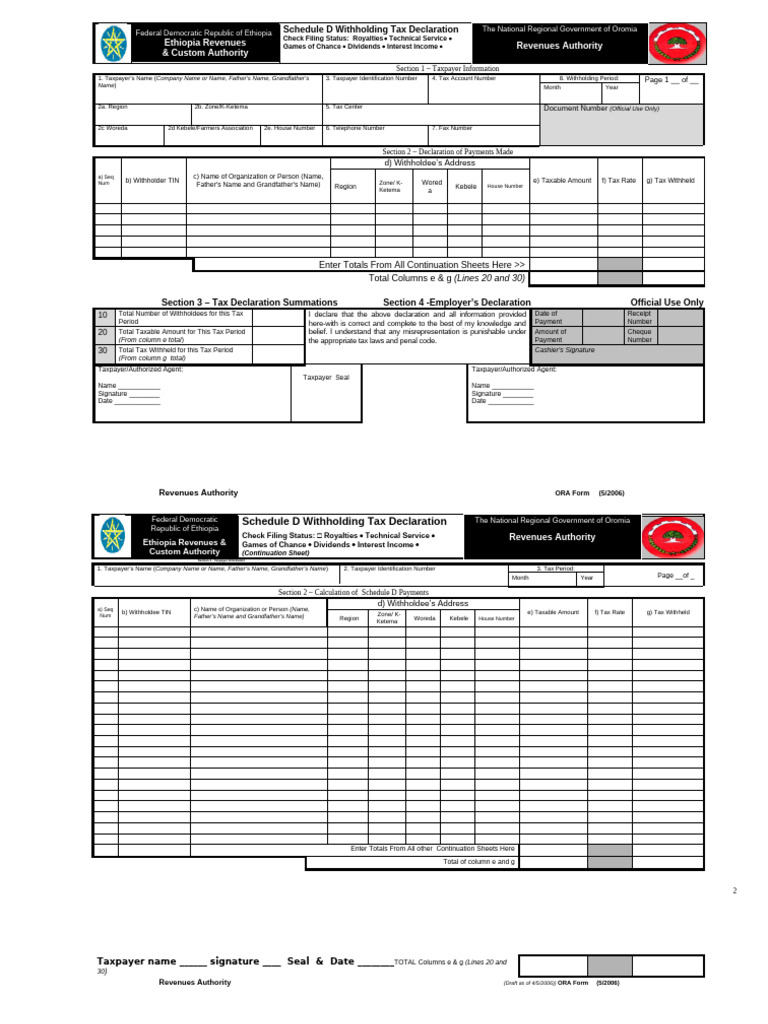 Ethiopia Withholding Tax Declaration Form | PDF | Taxes | Government ...