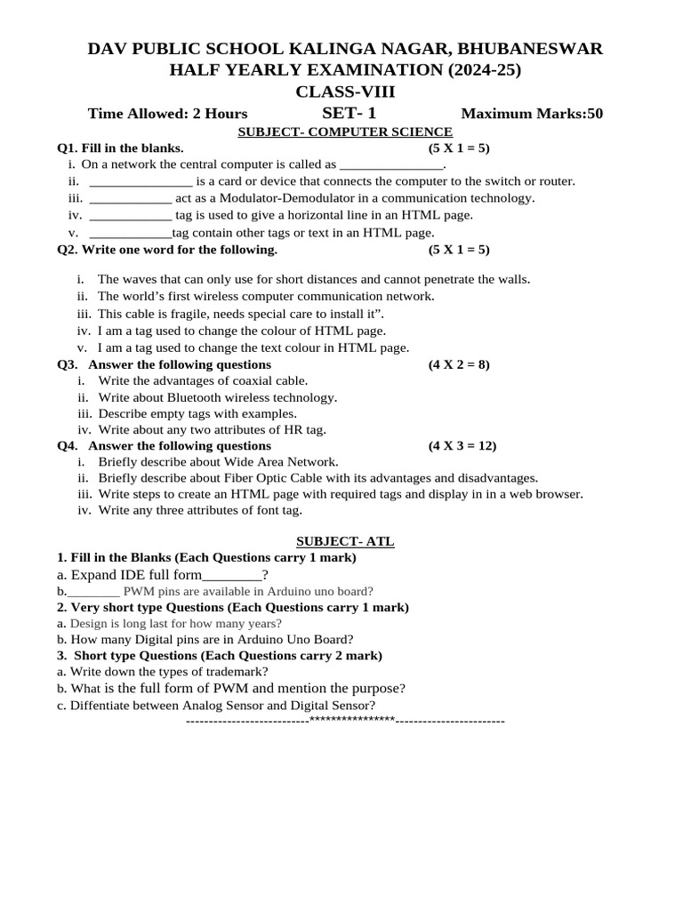 Class VIII Computer Science Exam 2024-25 | PDF | Arduino | Wireless