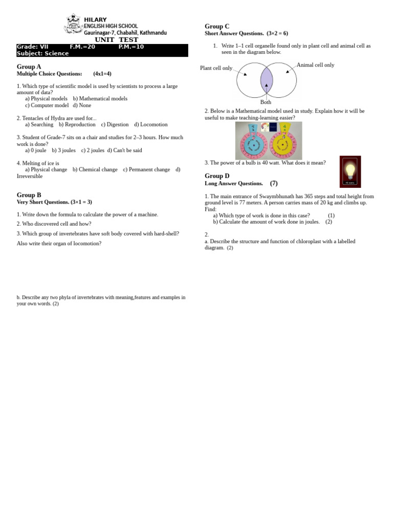 Grade 7 Science Unit Test Questions | PDF