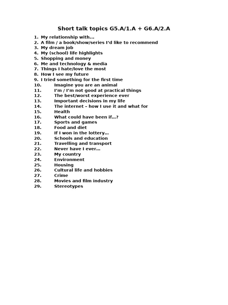 Short Talk Topics G5.a (1.a) +g6.a (2.a) | PDF