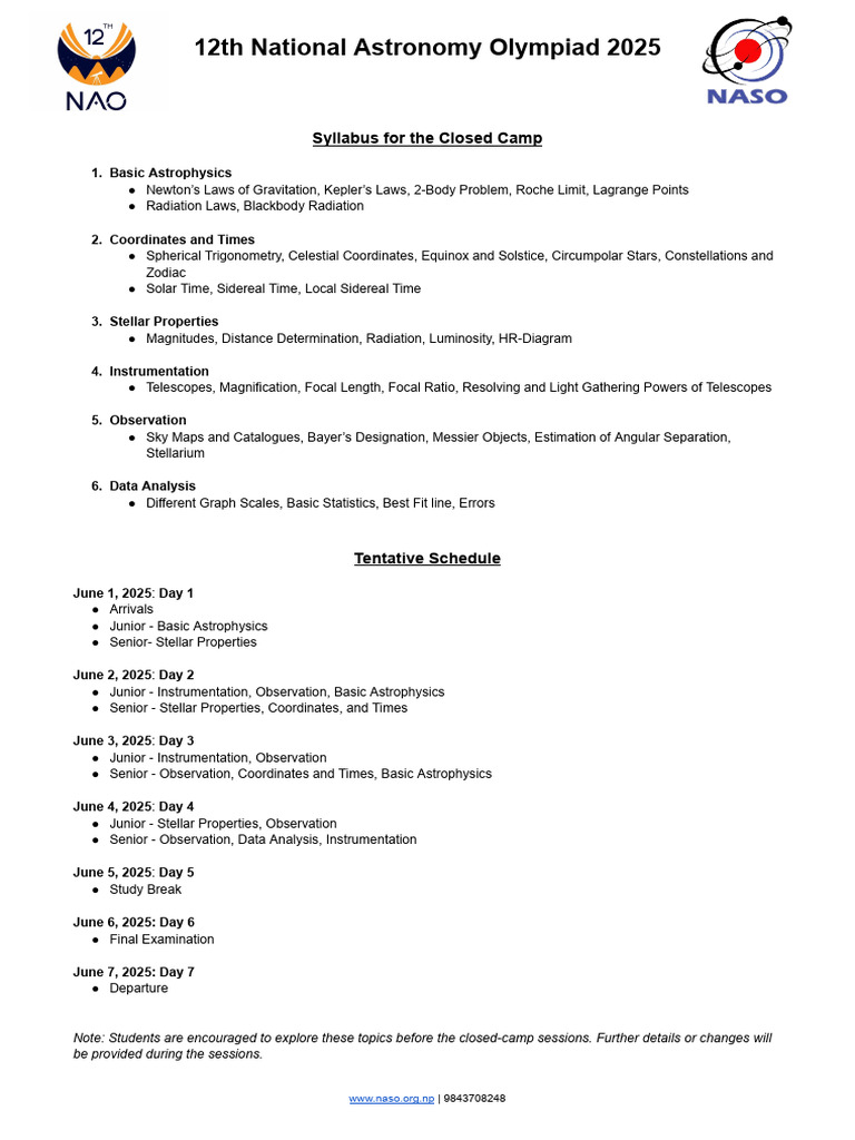 2025 National Astronomy Olympiad Syllabus | PDF