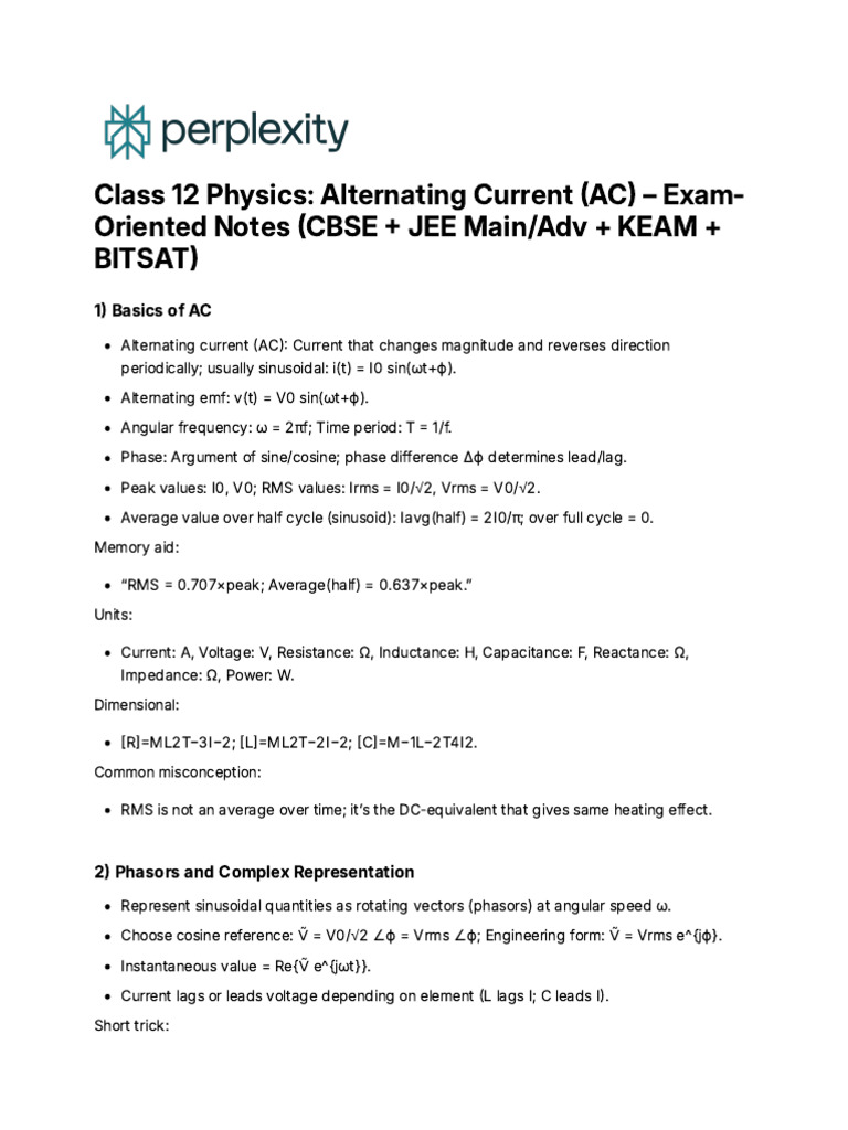 AC Physics Exam Notes for JEE & CBSE | PDF | Ac Power | Electronics