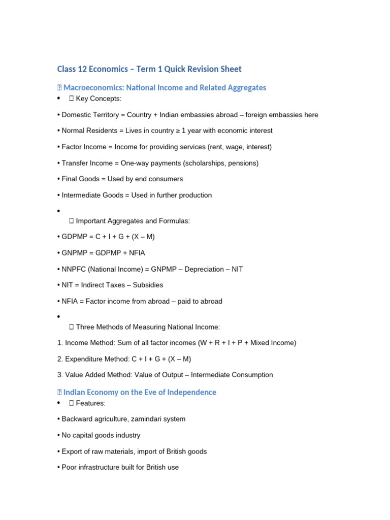 Class - 12 - Economics - Term1 - Quick - Revision | PDF