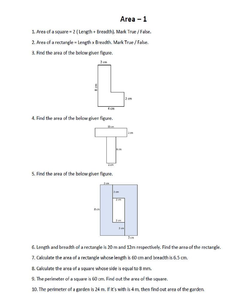 Area All Questions Math For Class 4 | PDF