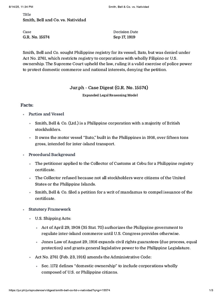 Smith, Bell & Co. vs. Natividad Case Summary | PDF | Equal Protection ...