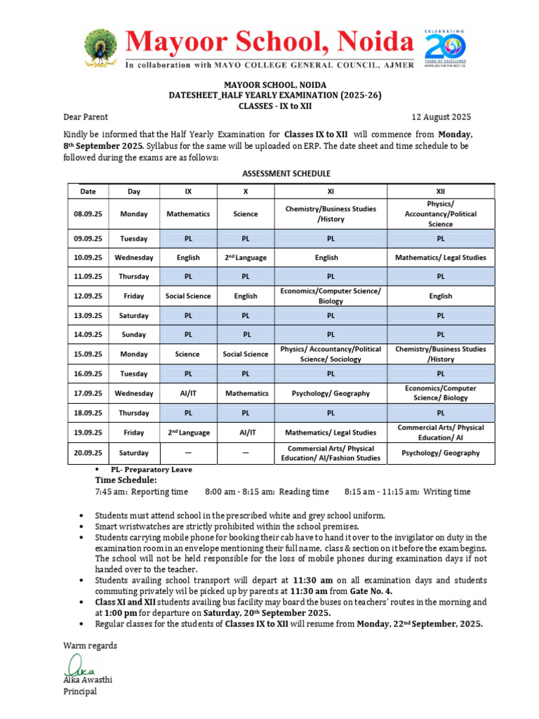 Half Yearly Exam Schedule 2025-26 | PDF