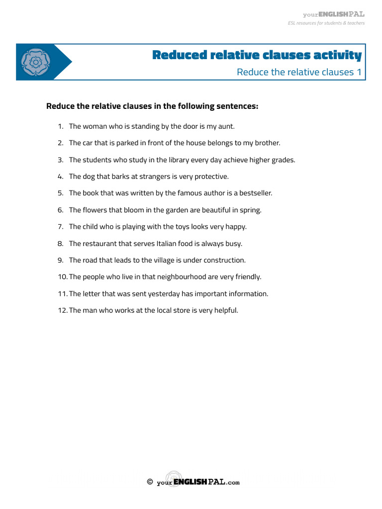 Reduced Relative Clauses Practice | PDF