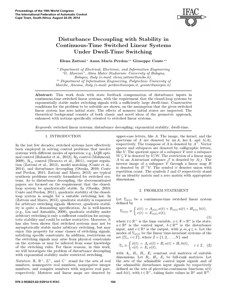 Disturbance Decoupling in Switched Systems | PDF | Matrix (Mathematics ...