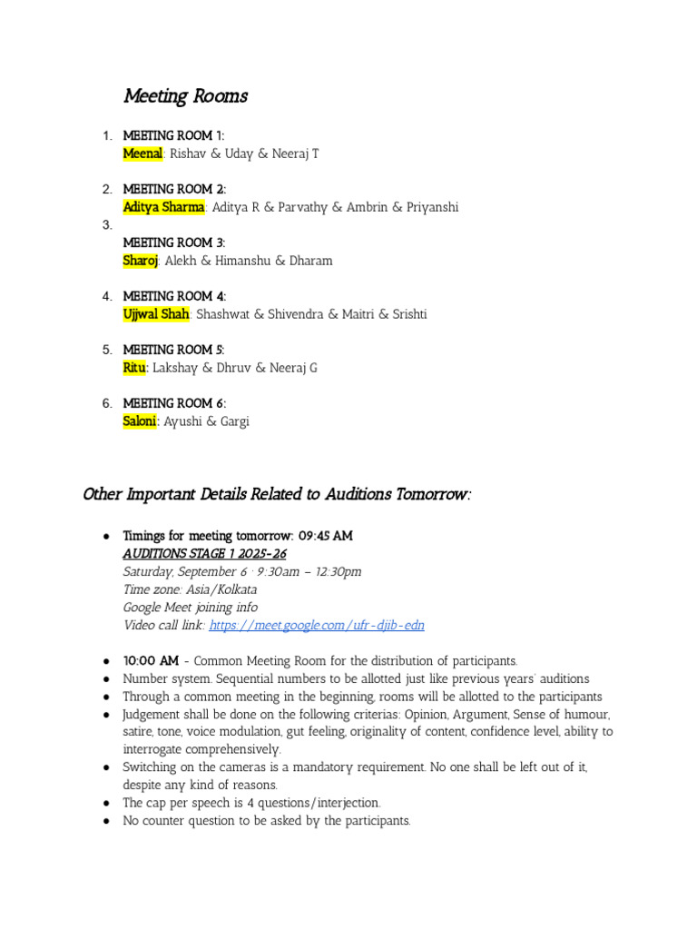 Meeting Rooms and Audition Details 2025-26 | PDF