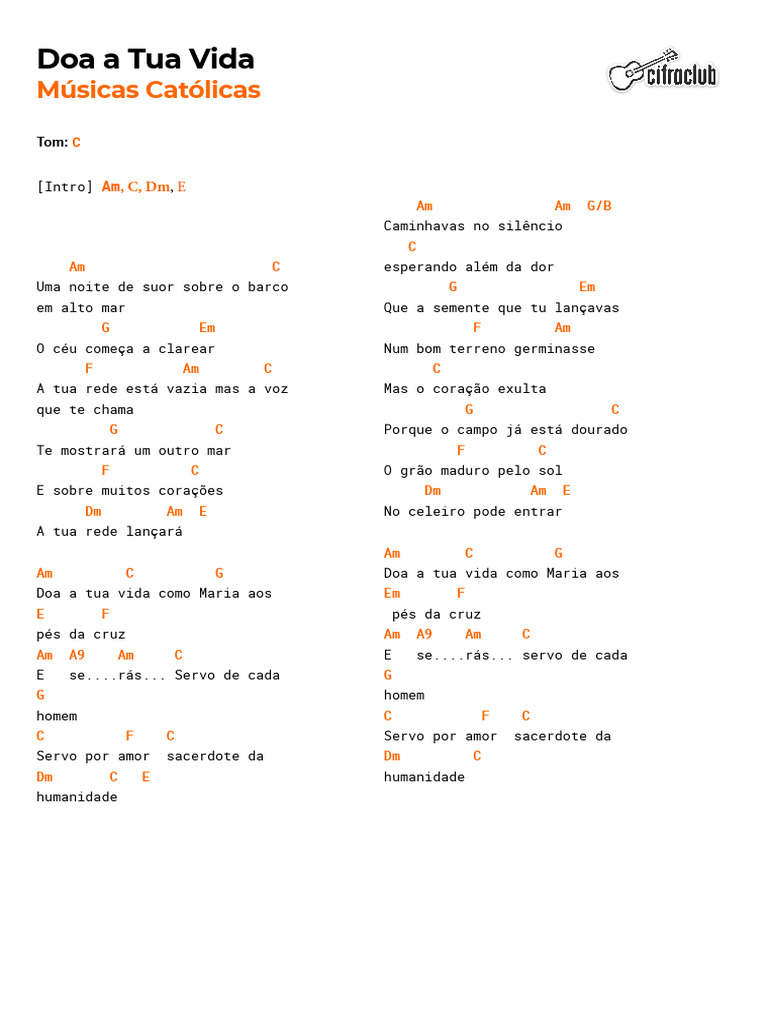 Doa a Tua Vida: Letra e Cifras | PDF