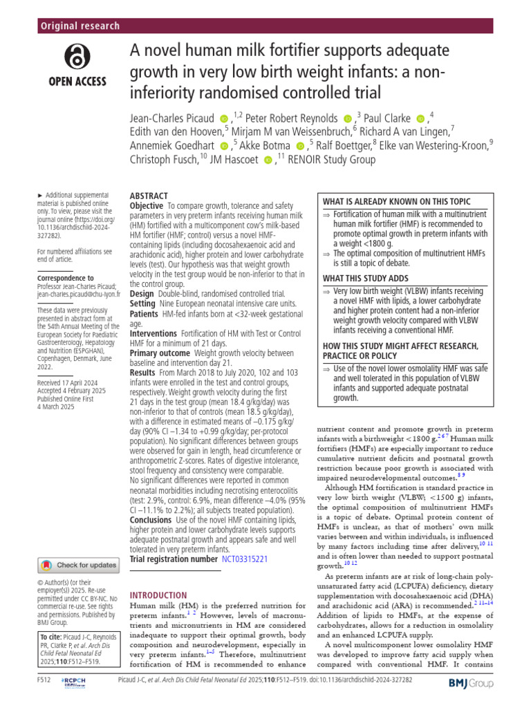 Novel Human Milk Fortifier for VLBW Infants | PDF | Preterm Birth | Fat
