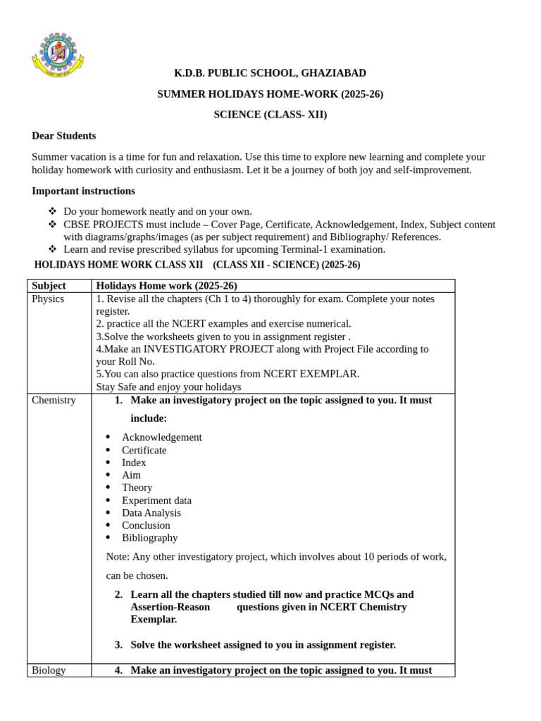 KDB School Class XII Summer Homework 2025-26 | PDF | Data | Python ...