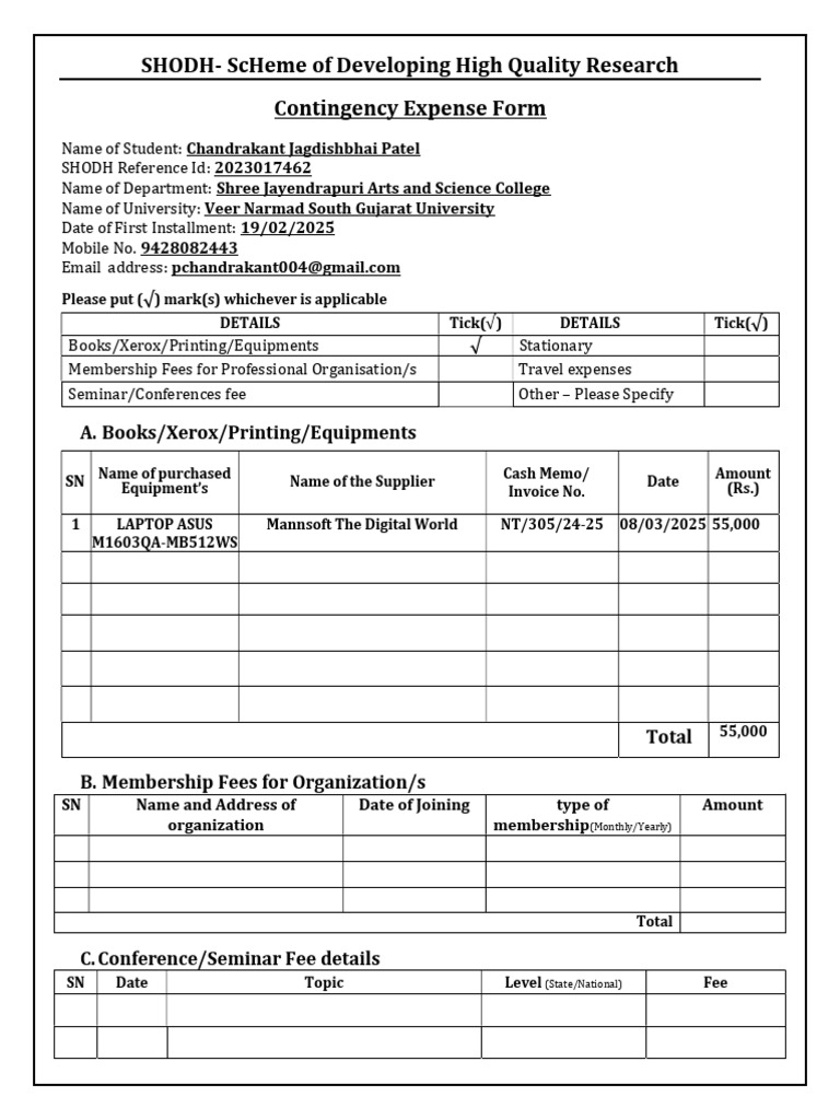 SHODH Contingency Expense Form | PDF | Transport