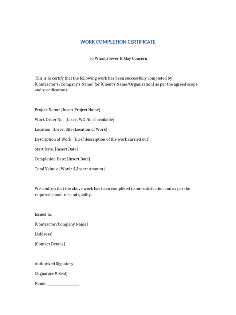 Work Completion Certificate Template | PDF