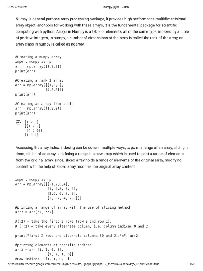 Numpy Array Creation and Indexing Guide | PDF | Mathematics | Computer ...