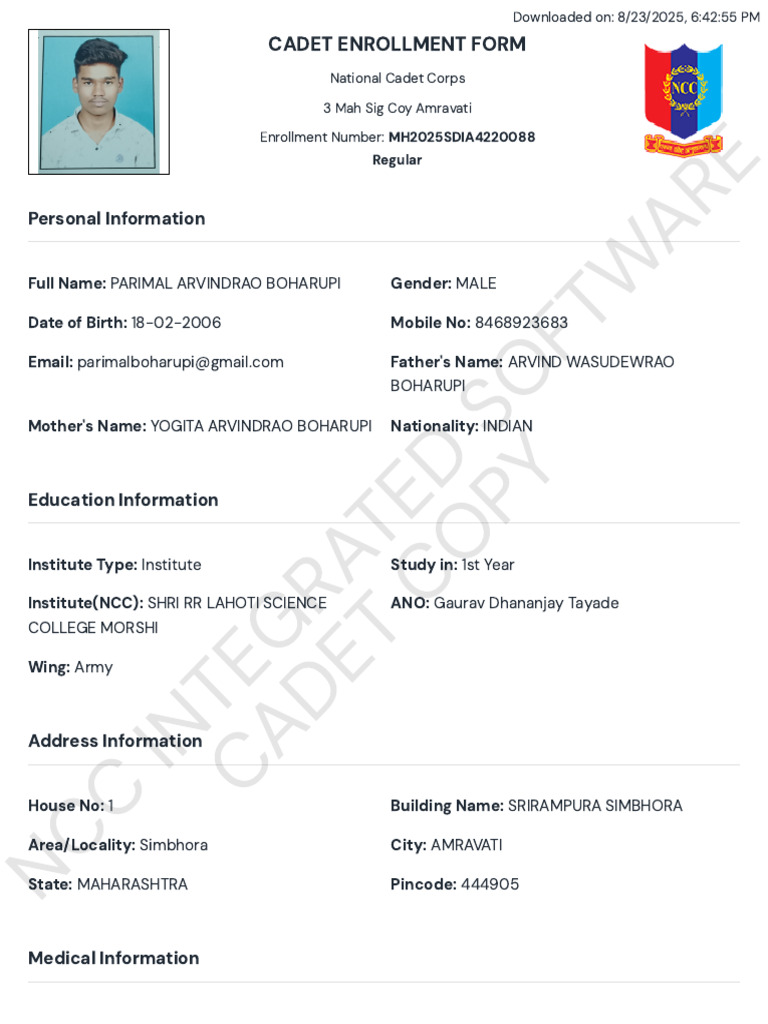 NCC Cadet Enrollment Form Details | PDF | Military Life | Youth ...