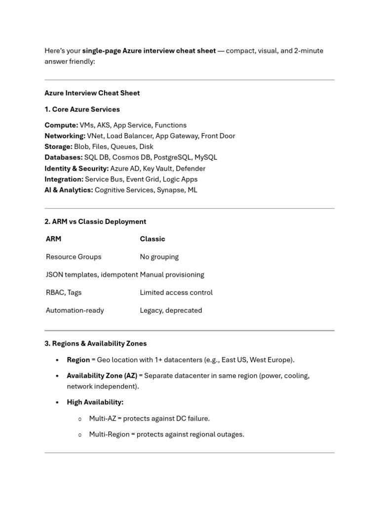 Azure Interview Cheat Sheet Guide | PDF