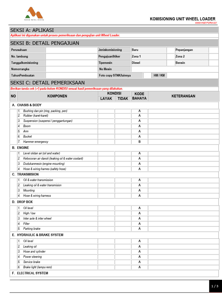 Komisioning Unit Wheel Loader: Prosedur dan Checklist | PDF