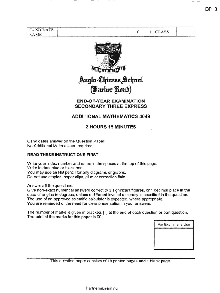 Secondary 3 Additional Mathematics Exam | PDF | Numbers | Equations