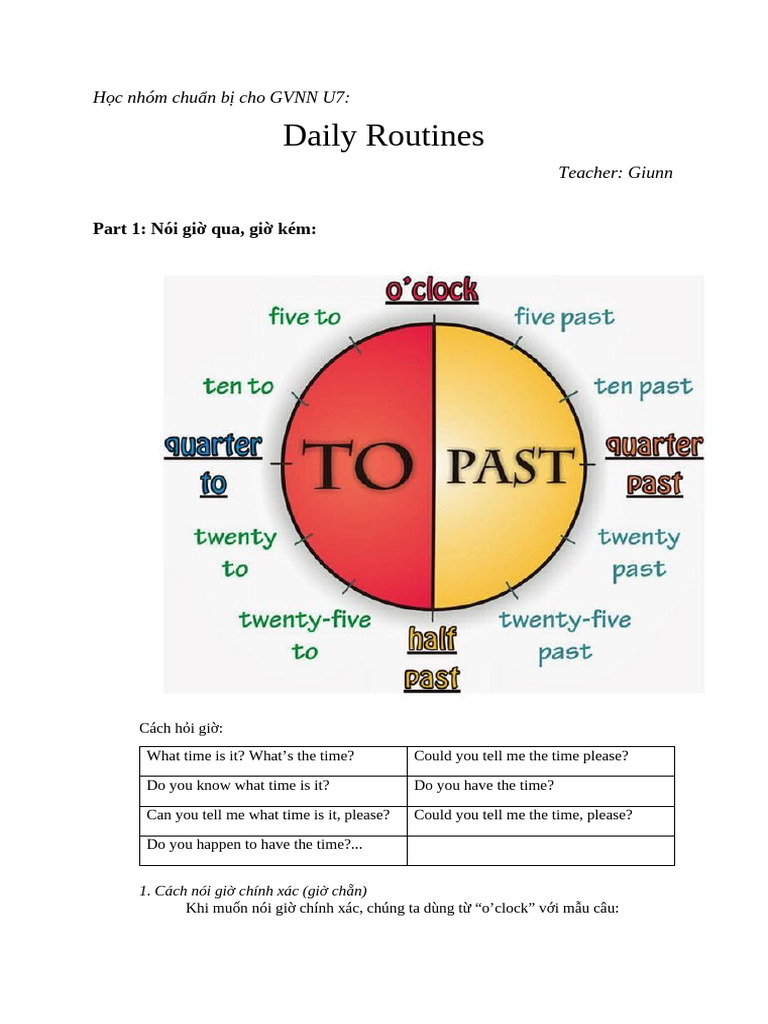 Học Nhóm Chuẩn Bị Cho GVNN U7 - Daily Routines | PDF