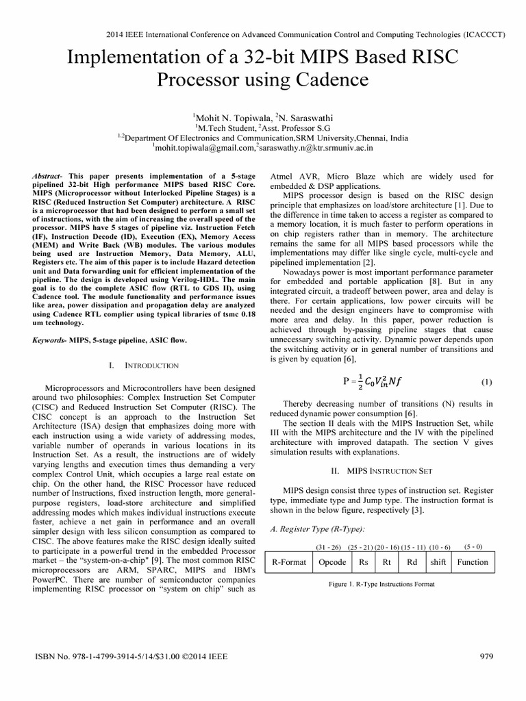 Implementation of A 32-Bit MIPS Based RISC Processor Using Cadence ...