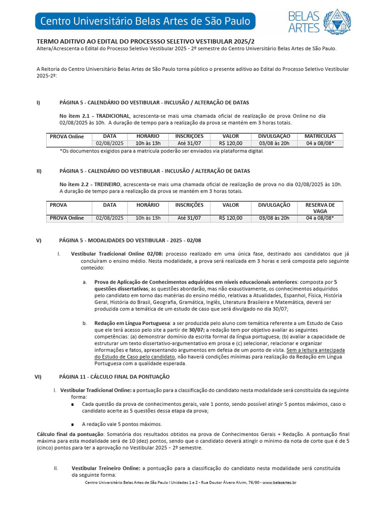 Aditivo Edital Vestibular 2025/2 Belas Artes | PDF