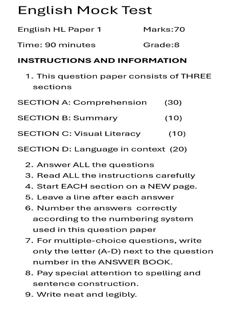 Grade 8 English Hl Mock Test Pdf Question Linguistics