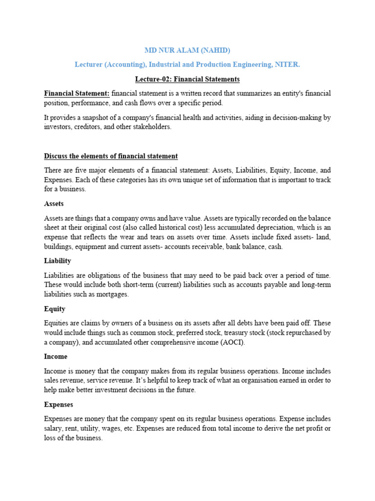 Lecture-02 Financial Statements | PDF | Expense | Balance Sheet