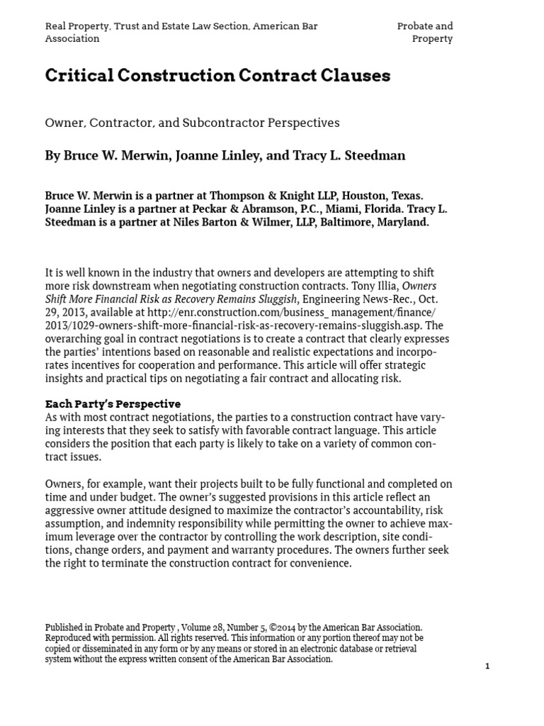 ABA PP v028n05 Critical Construction Contract Clauses | PDF | Indemnity ...