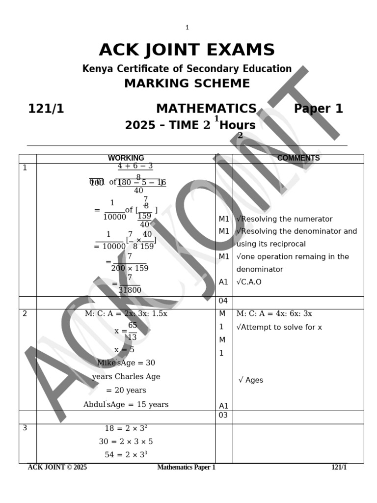 2025 Kenya Mathematics Exam Marking Scheme | PDF | Mathematics ...