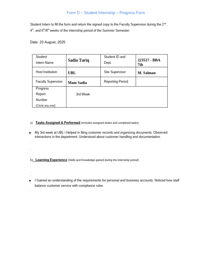Student Internship Progress Report Form | PDF