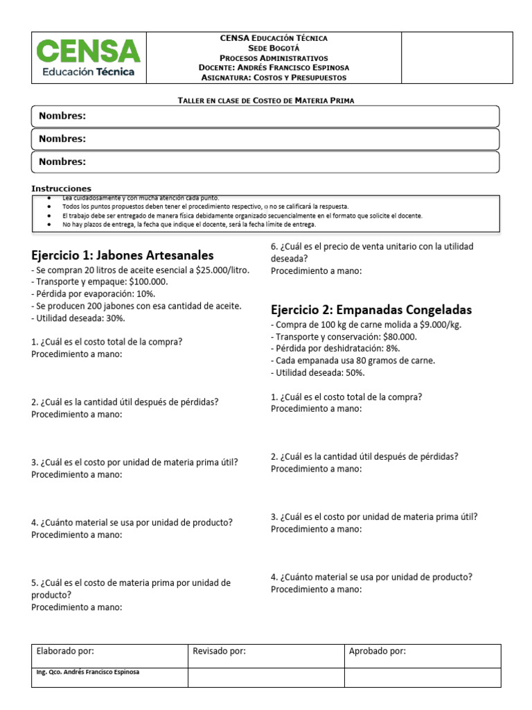 Taller en Clase Costos y Presupuestos | PDF | Presupuesto
