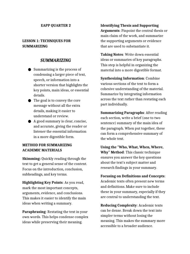 Techniques for Effective Summarizing | PDF | Systematic Review ...