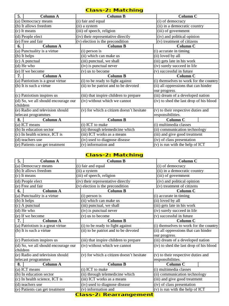 Class 2 Matching and Rearrangement Exercises | PDF
