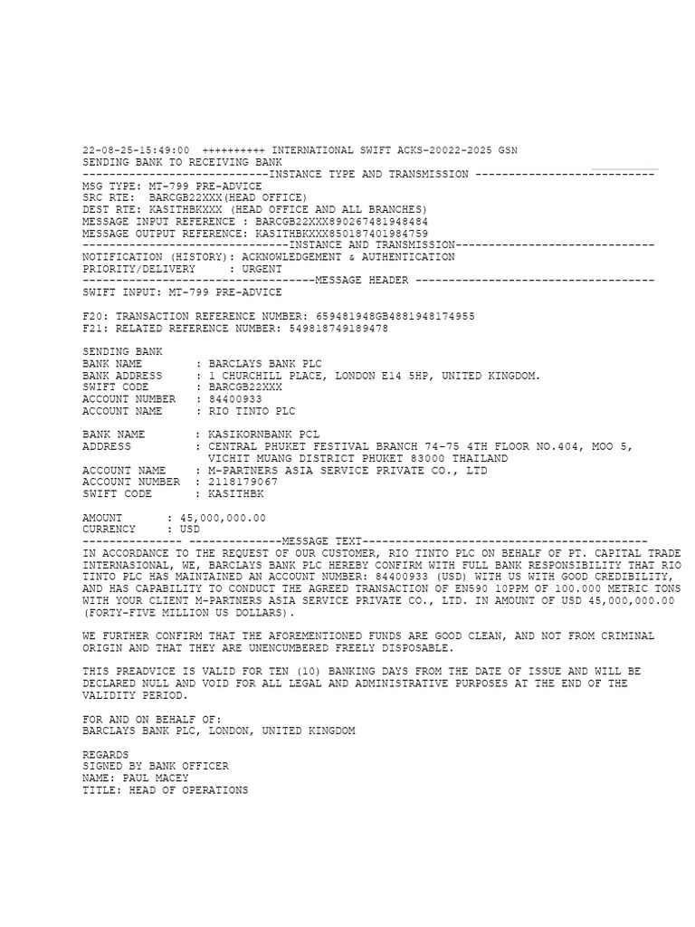 Barclays-Kasikorn MT-799 Pre-Advice | PDF | Banking
