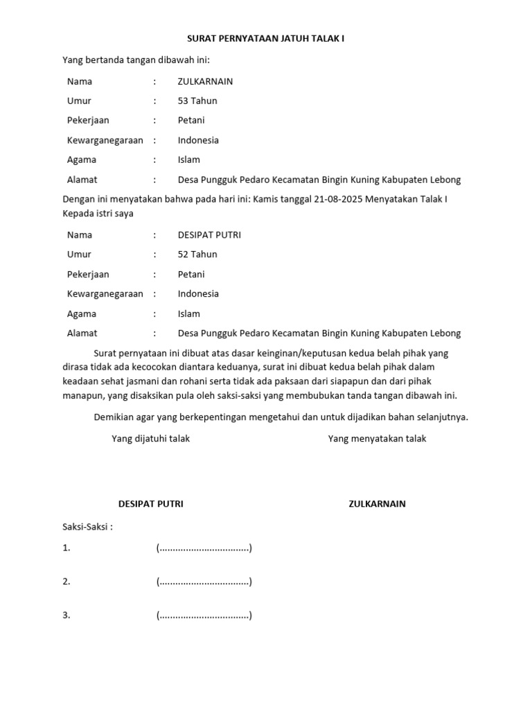 Surat Talak I Zulkarnain 2025 | PDF