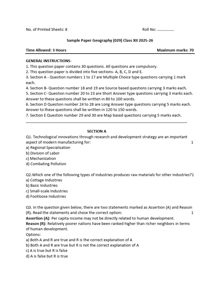Class 12 Geography Sample Paper 2025-26 | PDF | Human Development Index ...