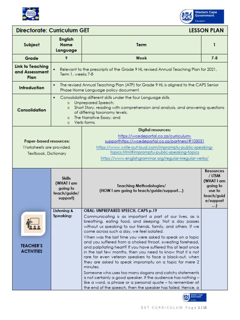 Grade 9 English Lesson Plan Overview | PDF | Essays | Lesson Plan