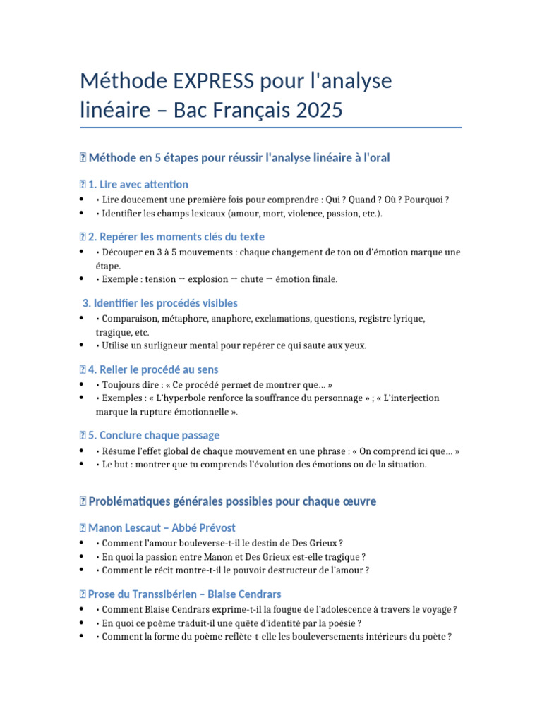 Analyse linéaire : méthode EXPRESS Bac 2025 | PDF