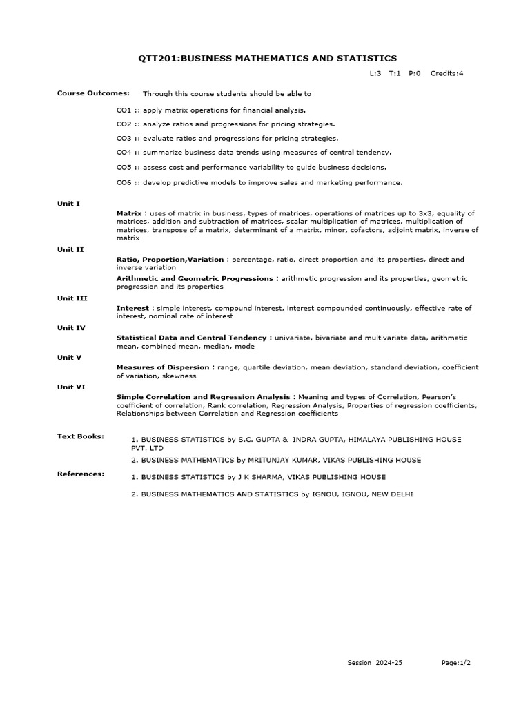 Business Mathematics & Statistics Course | PDF | Matrix (Mathematics ...