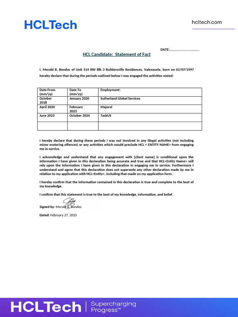 HCL Candidate Statement of Fact | PDF