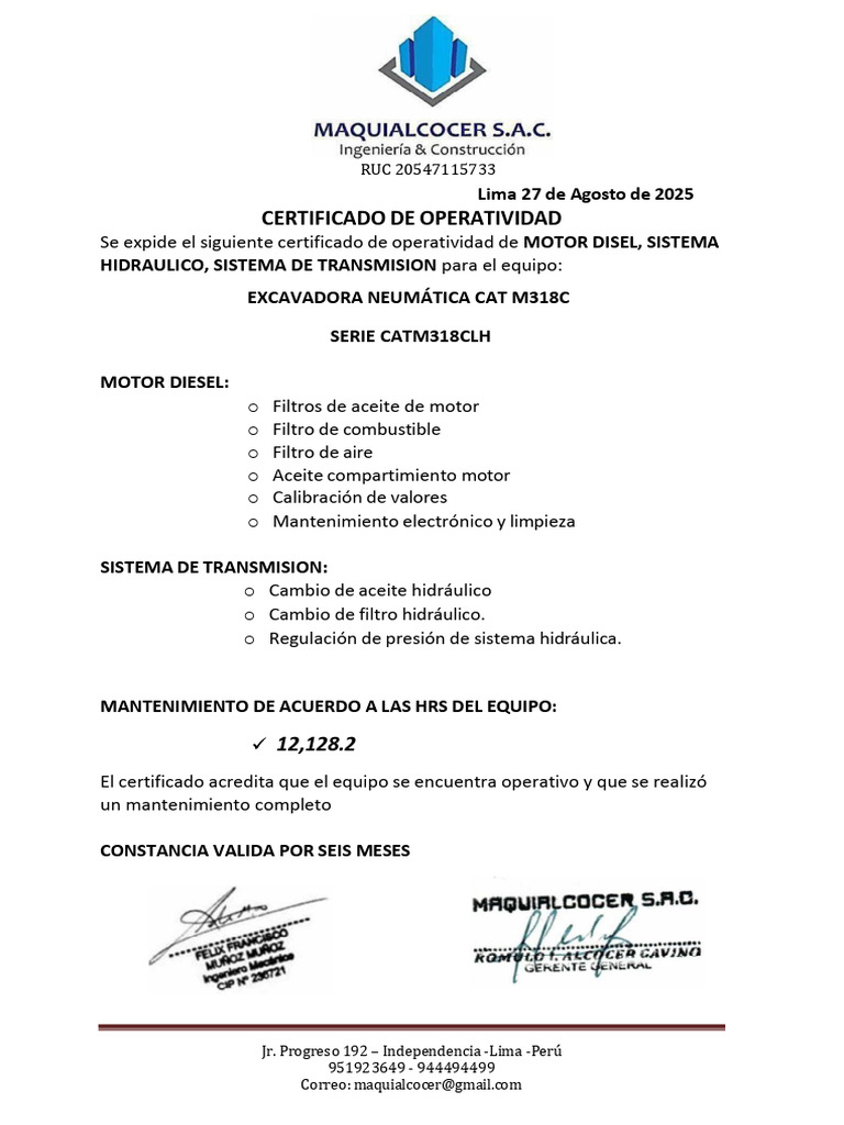 Certificado de Operatividad Excavadora CAT M318C | PDF