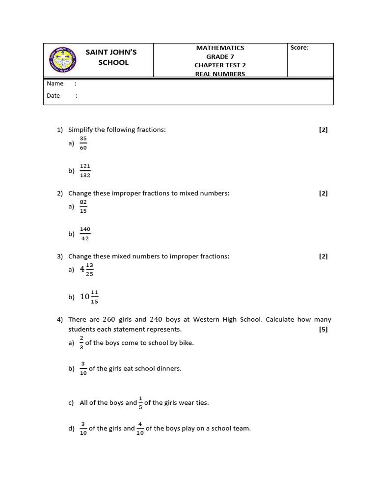 Grade 7 Math Test on Real Numbers | PDF | Number Theory | Discrete ...