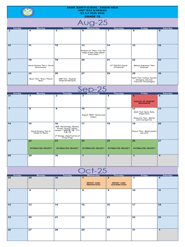 Grade 7B Unit Test Schedule 2025-2026 | PDF