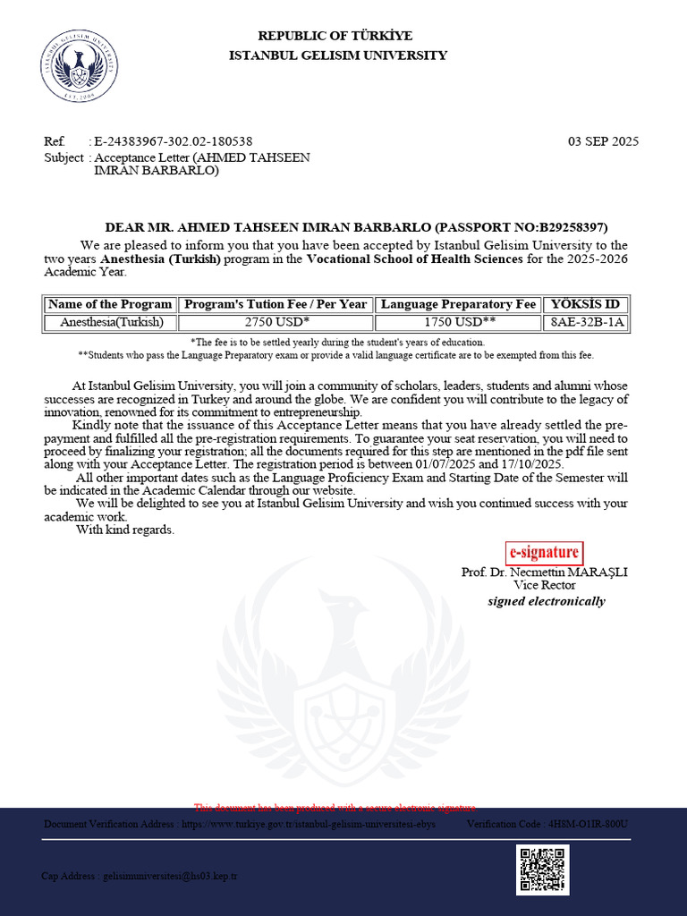 Acceptance Letter for Anesthesia Program | PDF