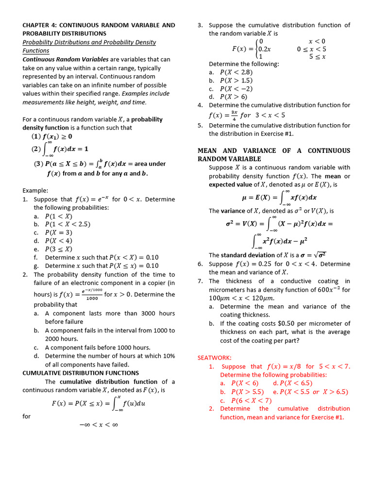 Continuous Random Variables Distributions Pdf Probability