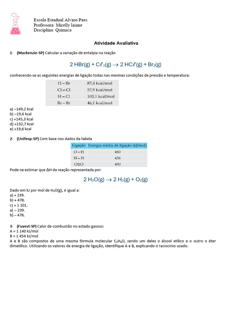 Variação de Entalpia: Exercícios Resolvidos | PDF | Entalpia | Combustão